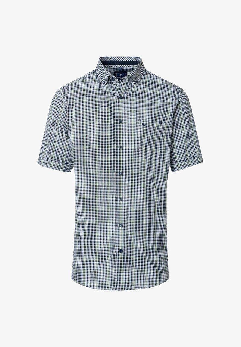 Korte mouwen overhemd in een blauw en groen geblokt patroon. Gemaakt van stof met een gladde textuur, met een button-down kraag en knopen aan de voorkant.