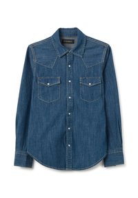 Camicia in denim a maniche lunghe in un lavaggio blu scuro. Presenta un colletto a punta, uno yoke in stile western e due tasche sul petto con bottoni a pressione.