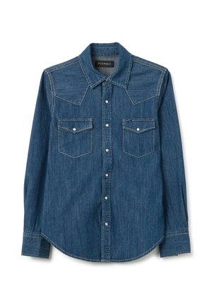 Camicia in denim a maniche lunghe in un lavaggio blu scuro. Presenta un colletto a punta, uno yoke in stile western e due tasche sul petto con bottoni a pressione.