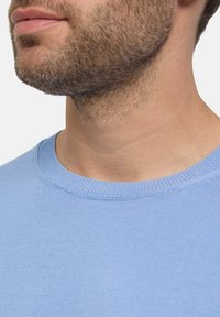 Maglione lavorato a maglia di colore azzurro chiaro con scollatura rotonda e trama a costine, mostrato nella parte superiore del torso e dell'area del mento, con brevi barba.