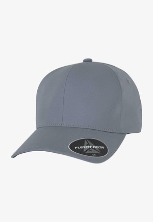 Harmaa baseball-lippalakki, jossa on pyöreä huppu, litteä lippa ja Flexfit Delta -logo-ompelu etuosassa. Valmistettu sileästä, joustavasta materiaalista.
