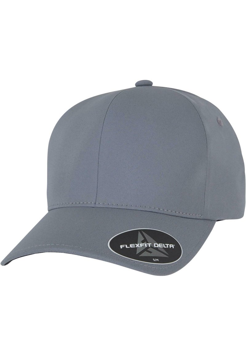Gray baseball cap with a rounded crown, flat brim, and a Flexfit Delta logo patch on the front. Made from smooth, stretchable material.