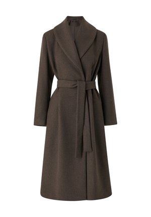 Long brown wool wrap coat with a wide collar, belted waist, and long sleeves. Features a smooth texture and elegant design.