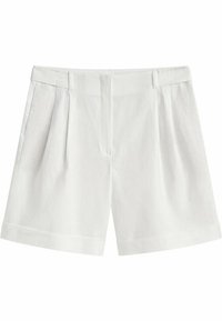 Witte linnen shorts met een breed ontwerp, voorzien van voorplooien, zijzakken en omgeslagen mouwen. Lichtgewicht en ademend materiaal.