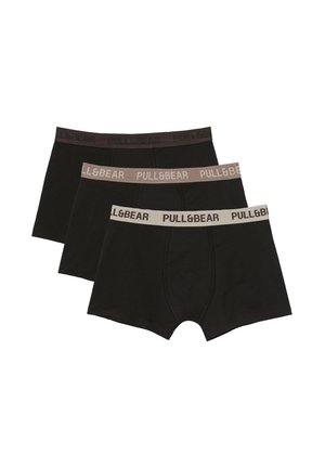 Trois boxers noirs pour hommes avec des ceintures élastiques de différentes couleurs, chacun marqué du texte "PULL&BEAR."