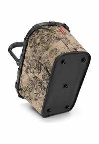 Borsa da esterno rettangolare con tessuto beige e stampa di alberi, fondo nero e manico robusto. Include dettagli in plastica e accessori metallici.