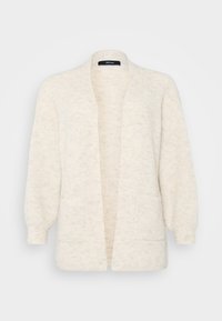 Licht beige, textuurrijke cardigan met een losse pasvorm, open voorkant, lange mouwen en twee voorzakken. Zacht materiaal met een comfortabele uitstraling.