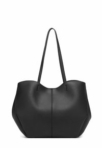 Mustmust kott tekstureeritud viimistlusega, kahes pikas käes, avara ümmarguse keha ja peente õmbluse aktsentidega.