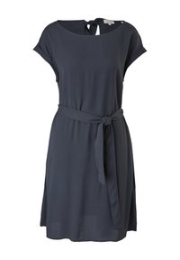 Robe gris foncé à manches courtes avec encolure ronde, ceinture nouée à la taille et fermeture par nouage au niveau de la nuque. Tissu ample à longueur genou.