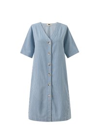 Gestreiftes Kurzarmkleid in Blau und Weiß mit V-Ausschnitt und Knöpfen vorne. Hergestellt aus leichtem Material mit lockerer Passform.