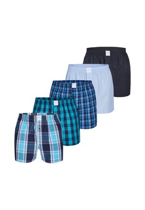 Pět pánských boxerů v modrých a černých odstínech, tři s károvanými vzory, jeden jednobarevný světle modrý a jeden jednobarevný černý.