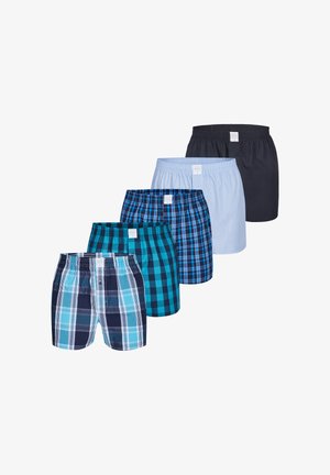 Fünf Paar Herrenboxershorts in Blau- und Schwarztönen, drei mit Karomustern, eine in einfarbigem Hellblau und eine in einfarbigem Schwarz.