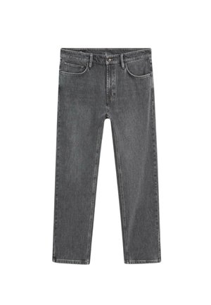 Dark gray denim jeans with a straight cut and five-pocket design. Features a zip fly, top button, and subtle whiskering on the fabric.