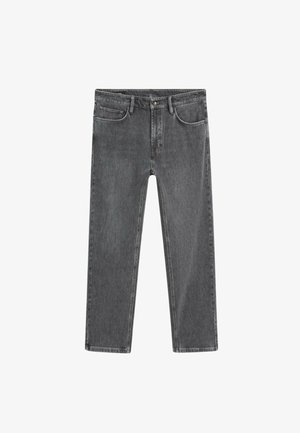 Mørkegrå denimjeans med lige pasform og fem-lomme design. Har lynlåsgylp, topknap og diskret slidte områder på stoffet.