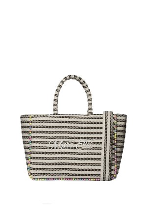Sac fourre-tout en tissu rayé avec deux poignées, décoré de perles multicolores le long des bords et nom de marque brodé en cursive sur le devant.