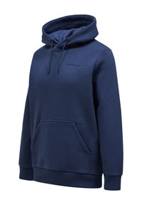 Felpa con cappuccio blu navy realizzata in tessuto morbido, con tasca a marsupio davanti, polsini a coste e cappuccio con coulisse.