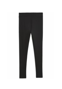 Schwarze Leggings aus dehnbarem Material mit glatter Textur, ausgestattet mit einem breiten Bund und einem schlichten, figurbetonten Design.