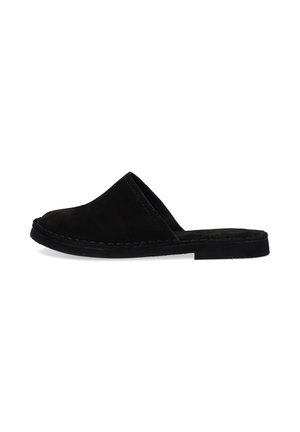 Black suede slip-on shoe with a rounded toe, minimal stitching detail along the edge, and a flat rubber sole. Soft texture, simple design.