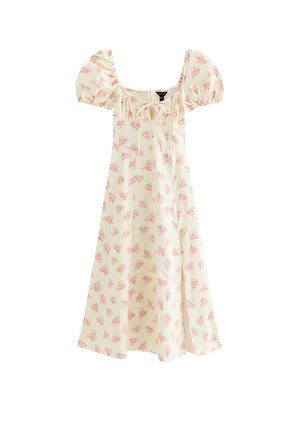 Robe midi couleur crème avec motif floral rose, manches bouffantes, encolure carrée et détail noué sur le devant.