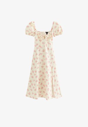 Robe midi couleur crème avec motif floral rose, manches bouffantes, encolure carrée et détail noué sur le devant.
