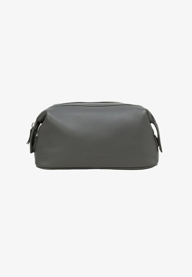 Gray leather toiletry bag with a smooth texture, rounded shape, top zipper closure, and side accents. Logo embossed on the front.