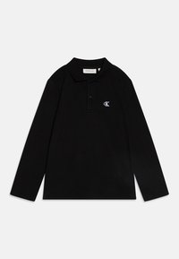 Zwarte longsleeve poloshirt van katoen, met een puntige kraag, drie knoopsluiting en een wit geborduurd logo op de borst.