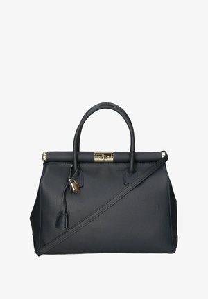 Navy leren handtas met een gestructureerd ontwerp, dubbele handvatten bovenaan en een afneembare schouderriem. Voorzien van een gouden slot en hardwareaccenten.