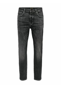 Vyriški juodi džinsai iš džinsinio audinio, tiesaus kirpimo, su penkiomis kišenėmis, šiek tiek išblukę ir kontrastinėmis siūlėmis. Turi klasikinius sagos užsegimus.