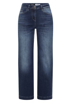 Donkerblauwe denim jeans met een wijde pijp, voorzakken en een knoopsluiting. Heeft een lichte vervaging en contrasterende stiksels.