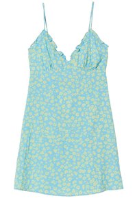 Ärmlös, ljusblå klänning med volangkrage och tunna axelband; har ett blommönster i ljusgrön och rosa. Slät tygtextur.