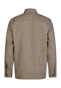 Langarmshirt in een geruit patroon van bruin, beige en blauw. Heeft een klassieke kraag en knoopsysteem bij de manchetten. Getextureerde stof.