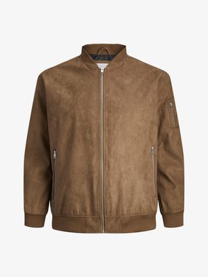 Jachetă bomber maro, realizată dintr-un material asemănător suedeului. Are un fermoar frontal, manșete cu nervuri și buzunare laterale. Design curat și minimalist.