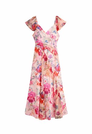 Vestido rosa sin mangas con estampado floral, escote en V, mangas vuelo y falda evasé fluida con patrones de flores rojas, moradas y azules.