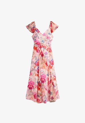 Vestido rosa sin mangas con estampado floral, escote en V, mangas vuelo y falda evasé fluida con patrones de flores rojas, moradas y azules.