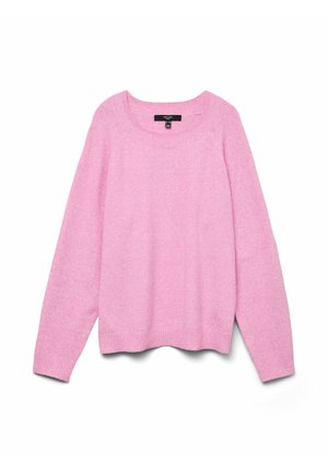 Roze gebreid sweater met een ronde hals en lange mouwen. Heeft ribgebreide manchetten en zoom. Zachte textuur, iets losse pasvorm.