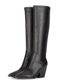 Botas de cuero negras hasta la rodilla con punta afilada y tacón grueso en ángulo. Presentan costuras mínimas y un acabado suave.