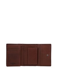 Brown leather wallet with multiple card slots, a transparent ID section, and a snap closure. Smooth texture and minimalistic design.