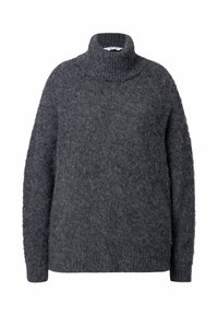 Grauer Rollkragenpullover aus weichem, strukturiertem Stoff. Übergröße mit überschnittenen Schultern und gerippten Bündchen. Gemütlich und warm.
