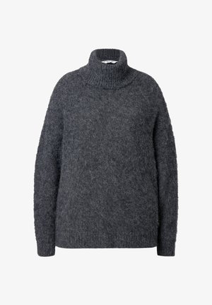 Harmaa merinovillapaita, joka on valmistettu pehmeästä, tekstuurisesta kankaasta. Ylipitkä muotoilu, laskeutuvat olkapäät ja ribbireunat. Mukava ja lämmin.