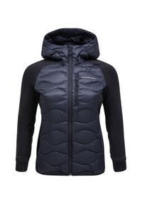 Marine blauwe pufferjack met capuchon; heeft een gequiltte textuur aan de voorkant en een gladde stof op de mouwen; vooraan sluiting met rits en logo-detail.