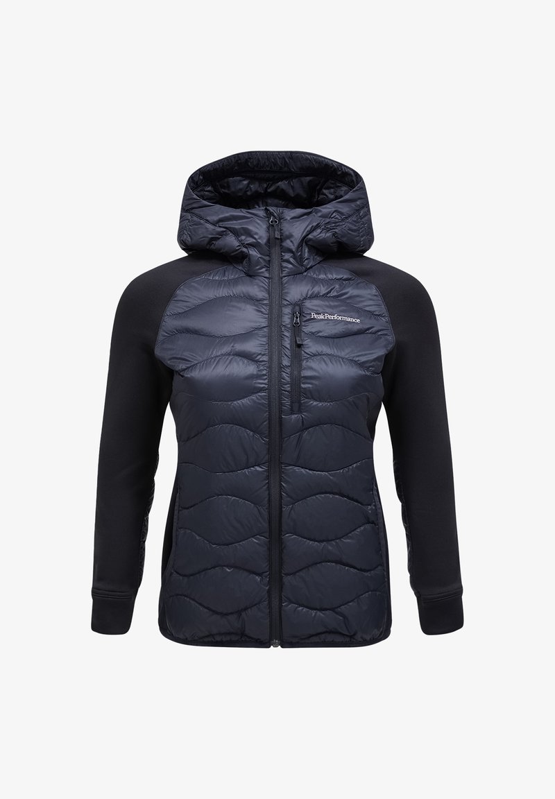 Navy puffer jacket with a hood; features quilted texture on front and smooth fabric on sleeves; front zip closure and logo detail.