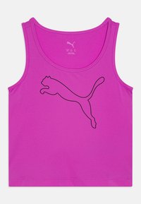 Fukšijasta športna majica brez rokavov z okroglim izrezom. Na sprednji strani je izrisan logotip Puma s črnim robom. Gladek, raztegljiv material.