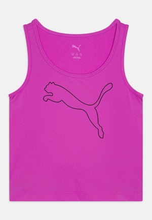 Fuchsiový športový top s okrúhlym výstrihom a bezrukávovým dizajnom. Na prednej strane je čierne orámované logo Puma. Hladká, elastická látka.