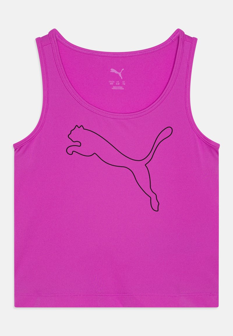 Fukšijasta športna majica brez rokavov z okroglim izrezom. Na sprednji strani je izrisan logotip Puma s črnim robom. Gladek, raztegljiv material.