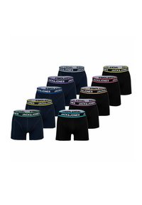 Neuf paires de boxers extensibles en noir, bleu marine et bleu foncé, avec des ceintures élastiques arborant le logo "JACK & JONES" dans différentes couleurs.