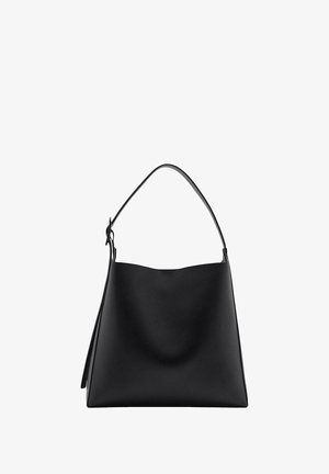Black leather handbag with a smooth texture, minimalistic design, and a single, curved shoulder strap. Open top, no visible hardware.
