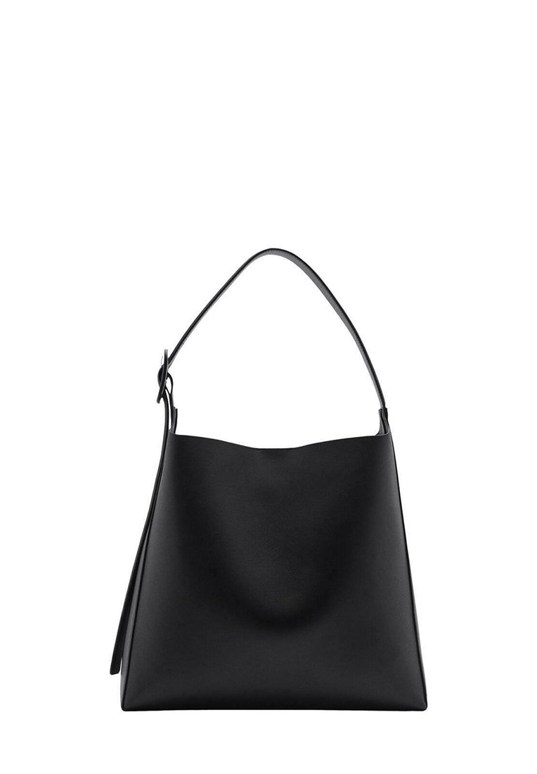Borsa a tracolla nera in pelle con una texture liscia, design minimalista e una sola tracolla curva. Apertura superiore, senza hardware visibile.
