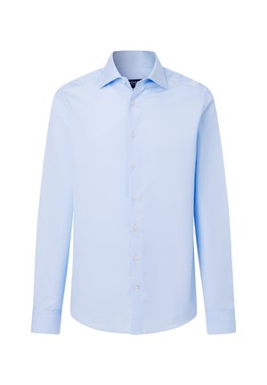 Lichtblauw overhemd voor heren met lange mouwen, een puntige kraag en witte knopen aan de voorkant.