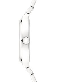 Orologio da polso in argento con cassa rotonda e liscia, dalla finitura lucida, dotato di una corona circolare sul lato e un bracciale a più maglie.