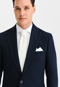 Granatowa marynarka z klapami i jednym guzikiem. Połączona z białą koszulą i białym krawatem. Biała poszetka widoczna w kieszeni.